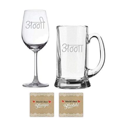 Engraved Tamil Brother Sister-in-Law Anna Anni Glass Set with Rakhi