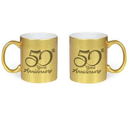 50th Anniversary Gifts for Parents Golden Jubilee Glitter Couple Mugs Gift Hamper Set Combo of 6 (Golden Mug, Coaster, Black Cushion Cover - 12 inches) - Image 3