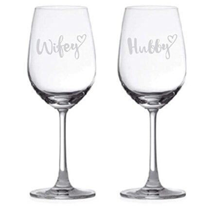 Anniversary Gifts for Couple, Hubby Wifey Engraved Wine Glass Set of 2 for Husband Wife with Coasters - Image 3