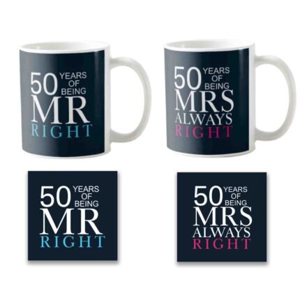 50th Anniversary Mr Right Mrs Always Right Couple Coffee Mugs Set of 2
