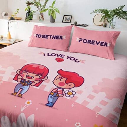 Valentine Gifts Love Puzzle Romantic Couple bedsheet for Girlfriend, Boyfriend, Husband, Wife with 2 Pillow Covers - Pink - Image 2