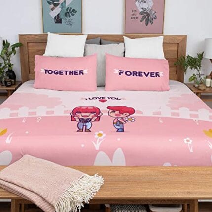 Valentine Gifts Love Puzzle Romantic Couple bedsheet for Girlfriend, Boyfriend, Husband, Wife with 2 Pillow Covers - Pink - Image 3