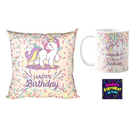 Walking Unicorn Happy Birthday Gifts Ceramic 330 ml Coffee Mug with 12 x 12 inch Cushion Cover