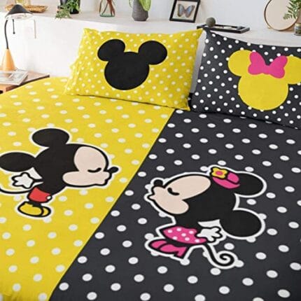 Anniversary Gifts Mickey Minnie Printed Bedsheet for Couple with 2 Pillow Covers - Yellow and Black - Image 2