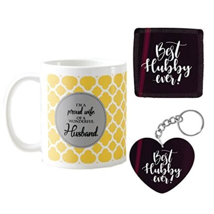 Anniversary Birthday Gifts for Husband Special Romantic, Proud Wife of Wonderful Husband Coffee Mugs for Husband Gift Combo Hamper Set of 3 with Mug, Coaster, Keychain