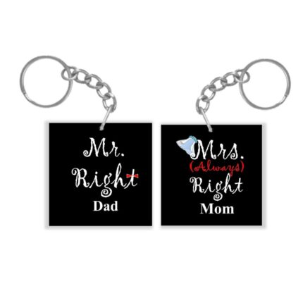 Mr Right Mrs Always Right Mom Dad Mug 330 ml with 12x12 inches Cushion Cover, Table Coaster, Keychain (Gift Combo) - Image 2