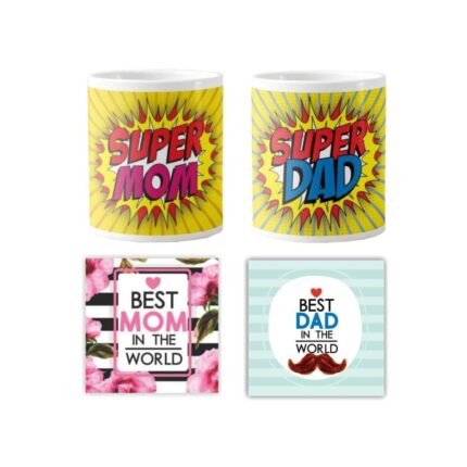 Super Mom Dad Couple Mugs Set of 4