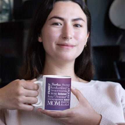 Fearless Hardworking Loving Hero Mom Ceramic Coffee Mug with Coaster (Purple) - Image 2