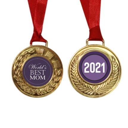 Worlds Best Mom Printed Award Medal - Golden, Alloy