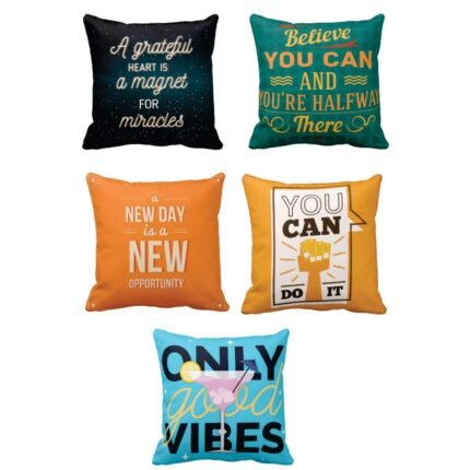 A Grateful Heart is A Magnet Motivational Quotes Printed Canvas Cotton Cushion Covers (Multicolour, 16x16 inches) -Set of 5