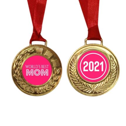 Worlds Best Mom Printed Award Medal - Golden, Alloy