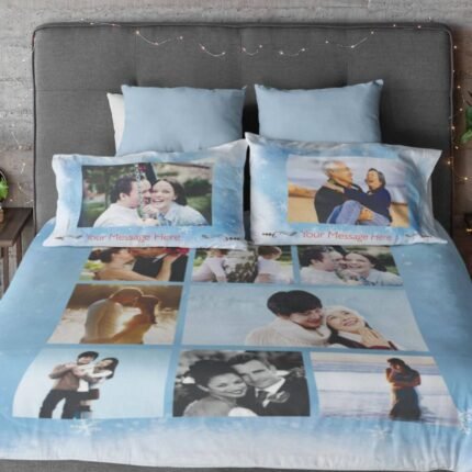 Personalized 8 Photo Collage Double Bedsheet with Pillow Covers