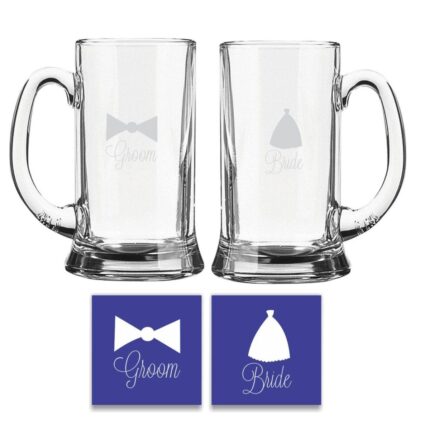 Engraved Bride and Groom Beer Mug Set of 2
