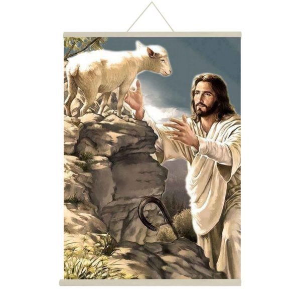 Lord Jesus Saving Little Lamb Canvas Scroll