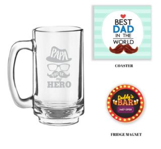 Engraved Hero Papa Dad Beer Mug with Fridge Magnet