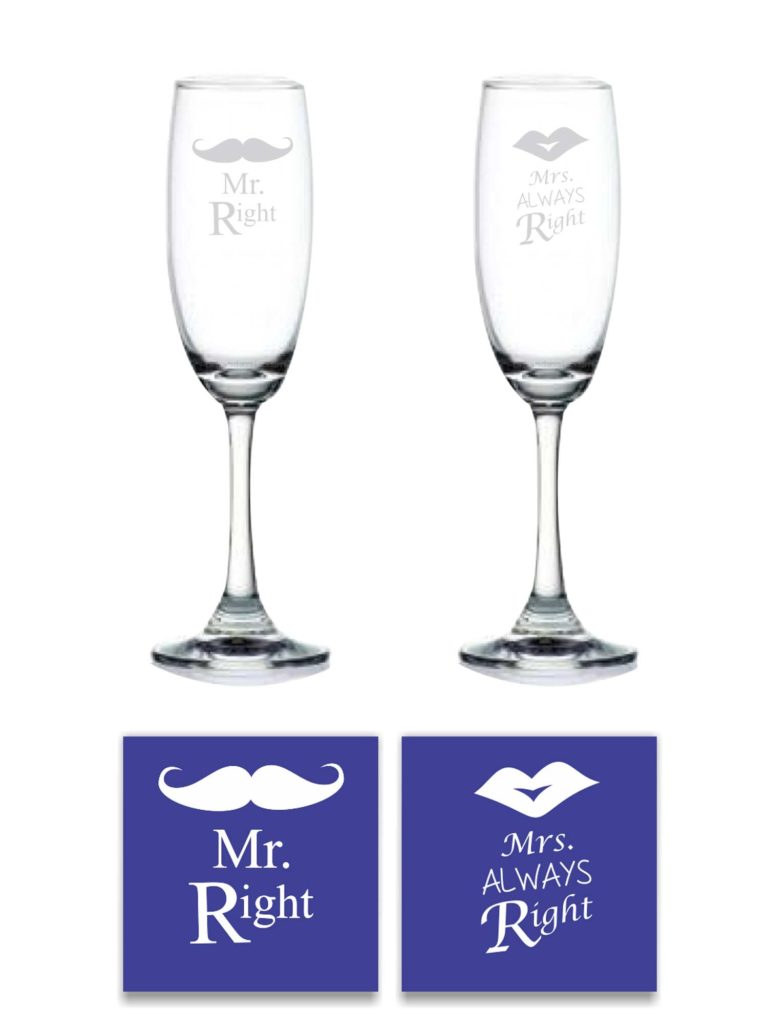 Engraved Mr Right Mrs Always Right Champagne Flutes