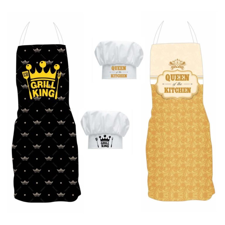 Grill King Kitchen Queen Aprons set with chef hats