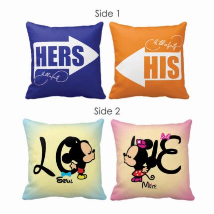 Love Soulmate Mickey Minnie Double Side Printed Cushion Covers–Set of 2 for Couple
