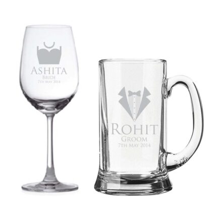 Personalised Bride and Groom Wedding Wine Glass & Beer Mug - Image 2