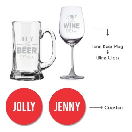 Personalized It's Beer And Wine O'Clock Wine Glass & Beer Mug