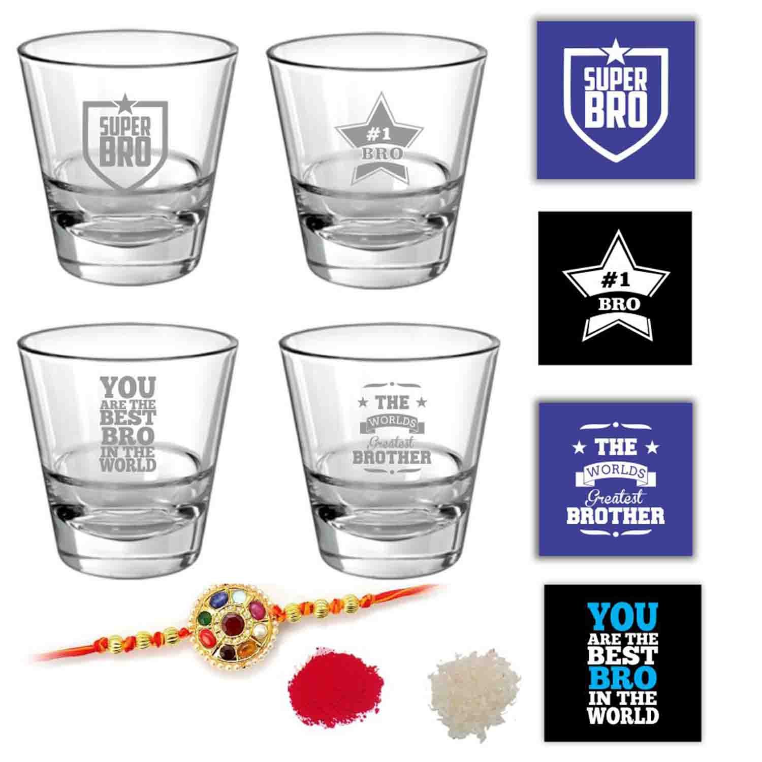 Starry No.1 Brother Whiskey Glasses Set of 4 With Rakhi