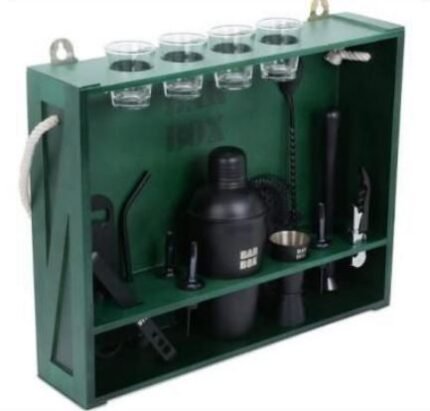 19 PCS COCKTAIL SHAKER SET GREEN WOOD STAND MINI BAR KIT