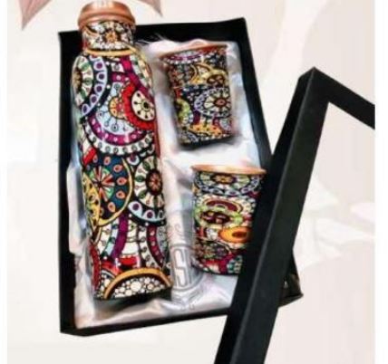 Copper Meena Kari Bottle Set With 02 Glasses