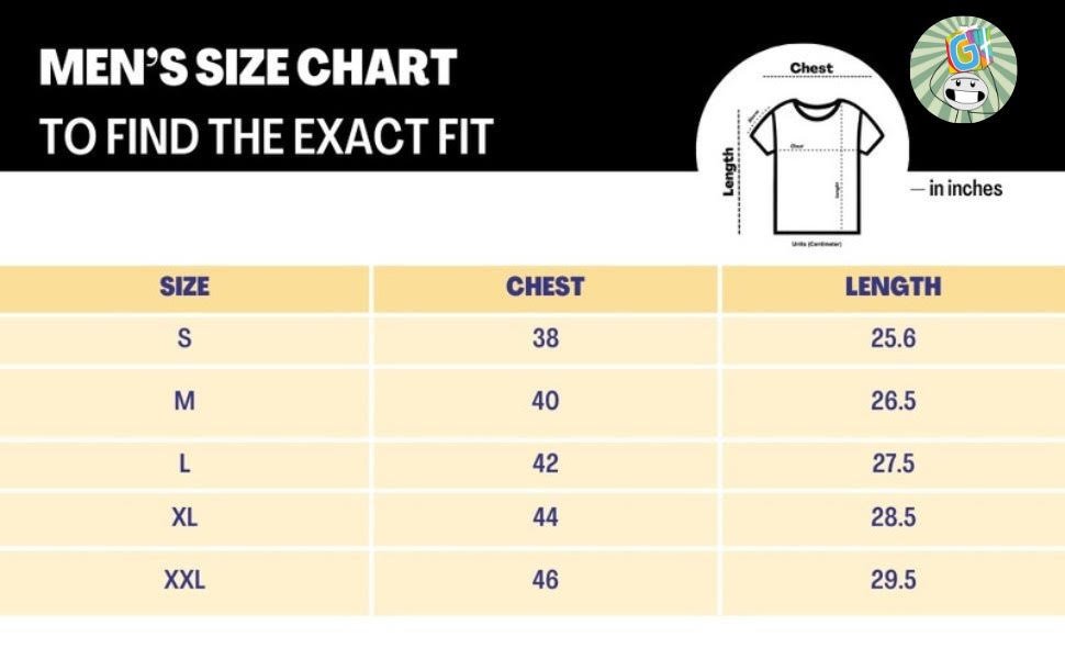 Giftsmate Personalized Men tees size chart for round neck customized t-shirts