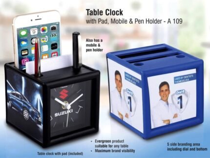A109 – Table clock with pad and mobile holder (4 Side branding...
