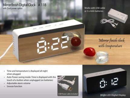 A118 – Mirror finish Digital clock (rectangle) with Temperature...