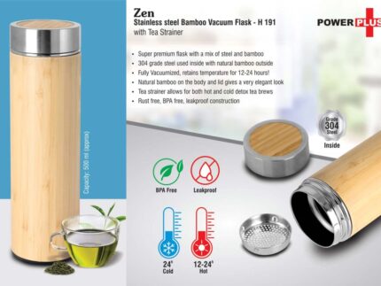 H191 – Zen: Stainless steel Bamboo Vacuum flask with Tea Strainer... - Image 2