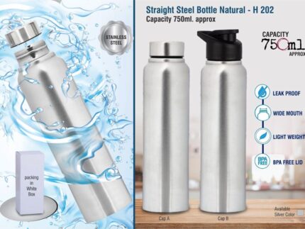 H202 – Straight steel bottle Natural | Capacity 750ml approx –...