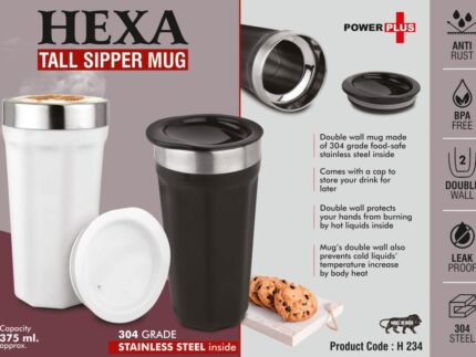 H234 – Hexa : Tall sipper mug | 304 grade Stainless steel inside |... - Image 2