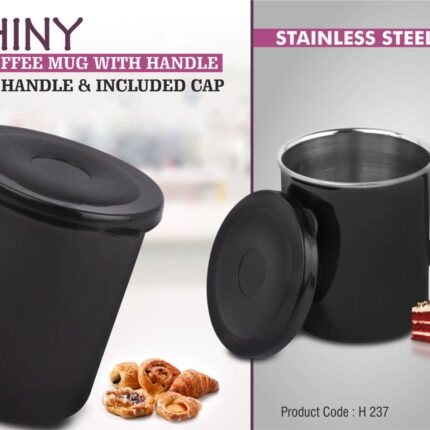 H237 – Shiny SS Coffee mug with handle | Cap included | Capacity... - Image 2