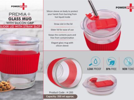 H283 – Premia+ Glass mug with Silicon Grip | Slider Lid with Straw...