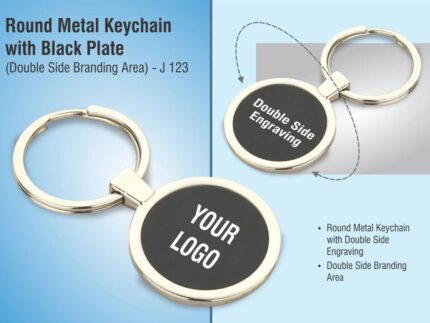 J123 – Round metal keychain with Black plate (Double side branding... - Image 1