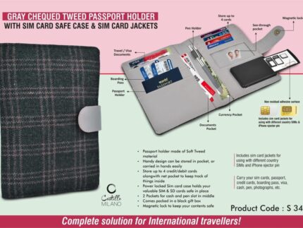 S34 – Gray Chequed Tweed Passport holder with Sim Card Safe Case &... - Image 2