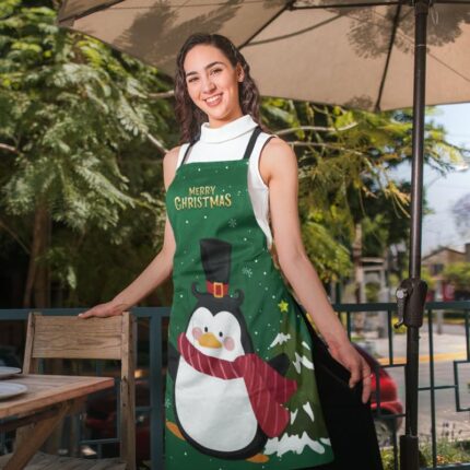 Green Penguin Printed Christmas apron - Image 3