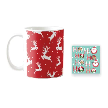 Xmas Red Reindeer Christmas Coffee Mug With Coaster - Image 2