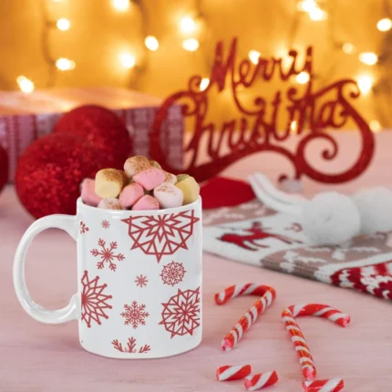 Xmas Snowflakes (Maroon) Christmas Coffee Mug with Coaster - Image 2