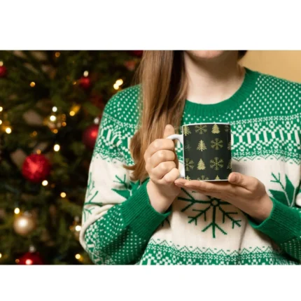 Snowflakes & Xmas Tree Christmas Coffee Mug with Coaster - Image 3