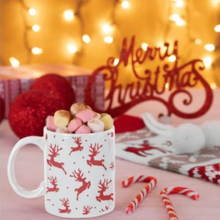 Xmas White Reindeer Coffee Christmas Mug with Coaster - Image 2