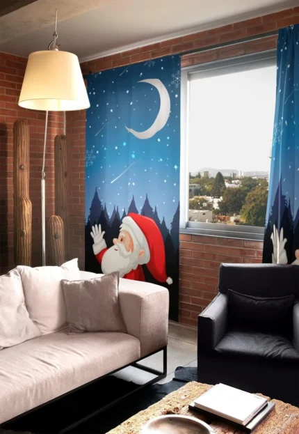 Santa Claus And Moon Printed Christmas Curtain - Image 3