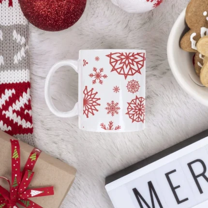 Xmas Snowflakes (Maroon) Christmas Coffee Mug with Coaster - Image 3