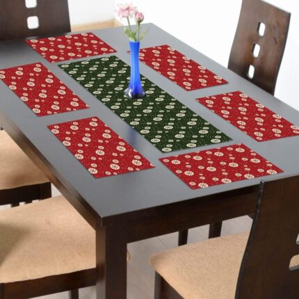 Giftsmate Christmas Decorations Table Runner Cloth Cover – Cute Xmas Table Mats - 1 Runner 6 Mats - Image 1