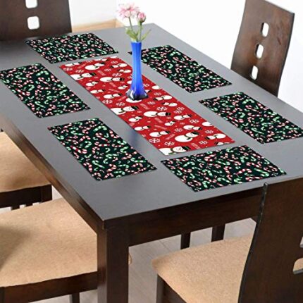 Giftsmate Christmas Decorations Table Runner Cloth Cover – Merry Christmas Snowman Xmas Table Mats - 1 Runner 6 Mats - Image 1