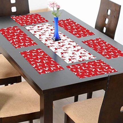 Giftsmate Christmas Decorations Table Runner Cloth Cover – Reindeer Xmas Table Mats - 1 Runner 6 Mats - Image 1