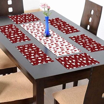 Giftsmate Christmas Decorations Table Runner Cloth Cover – Santa Claus Xmas Table Mats - 1 Runner 6 Mats - Image 1