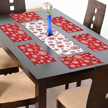 Giftsmate Christmas Decorations Table Runner Cloth Cover – Snowflake Xmas Table Mats - 1 Runner 6 Mats - Image 1
