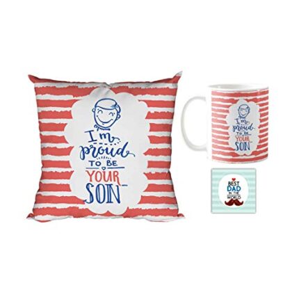 Giftsmate Fathers Day Gifts for Dad I'm Proud To Be Your Son Gift Set of 4 - Mug, Cushion Cover, Coaster,Keychain - Image 1